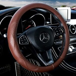 Red Rain Black Leather Steering Wheel Cover Cowhide Wheel Cover Genuine Leather Steering Wheel Cover Universal Size M / 15inch Fit Car/Auto/SUV (A-Black-M)